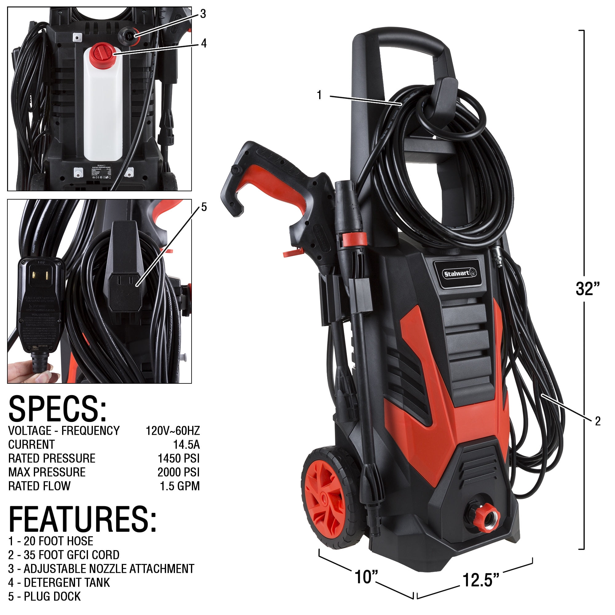 Pressure Washer Electric Powered With 1000 - 2000 PSI and 1.35-5GPM By Stalwart (Power Washer For Cleaning Driveways, Patios, Decks, Cars and More)