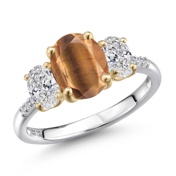Gem Stone King 925 Silver and 10K Yellow Gold Brown Tiger Eye and DEF Lab Grown Diamond Engagement Ring for Women | 2.56 Cttw | Oval 9X7MM | Birthstone | Size 6