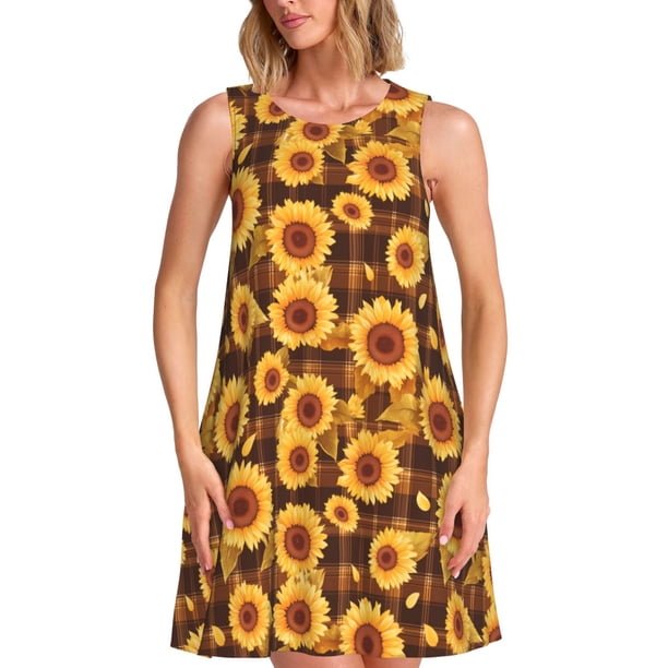 Balery Vintage Brown Plaid Sunflower Vestidos de verano para mujer con estampado: vestido holgado sin mangas, vestido playero informal y cómodo para días calurosos.