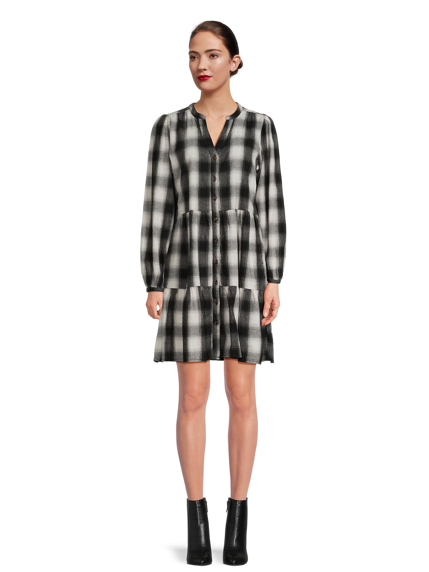 ミストレアス Fur Sleeve Plaid Shirt Dress Fur Sleeve Plaid Shirt