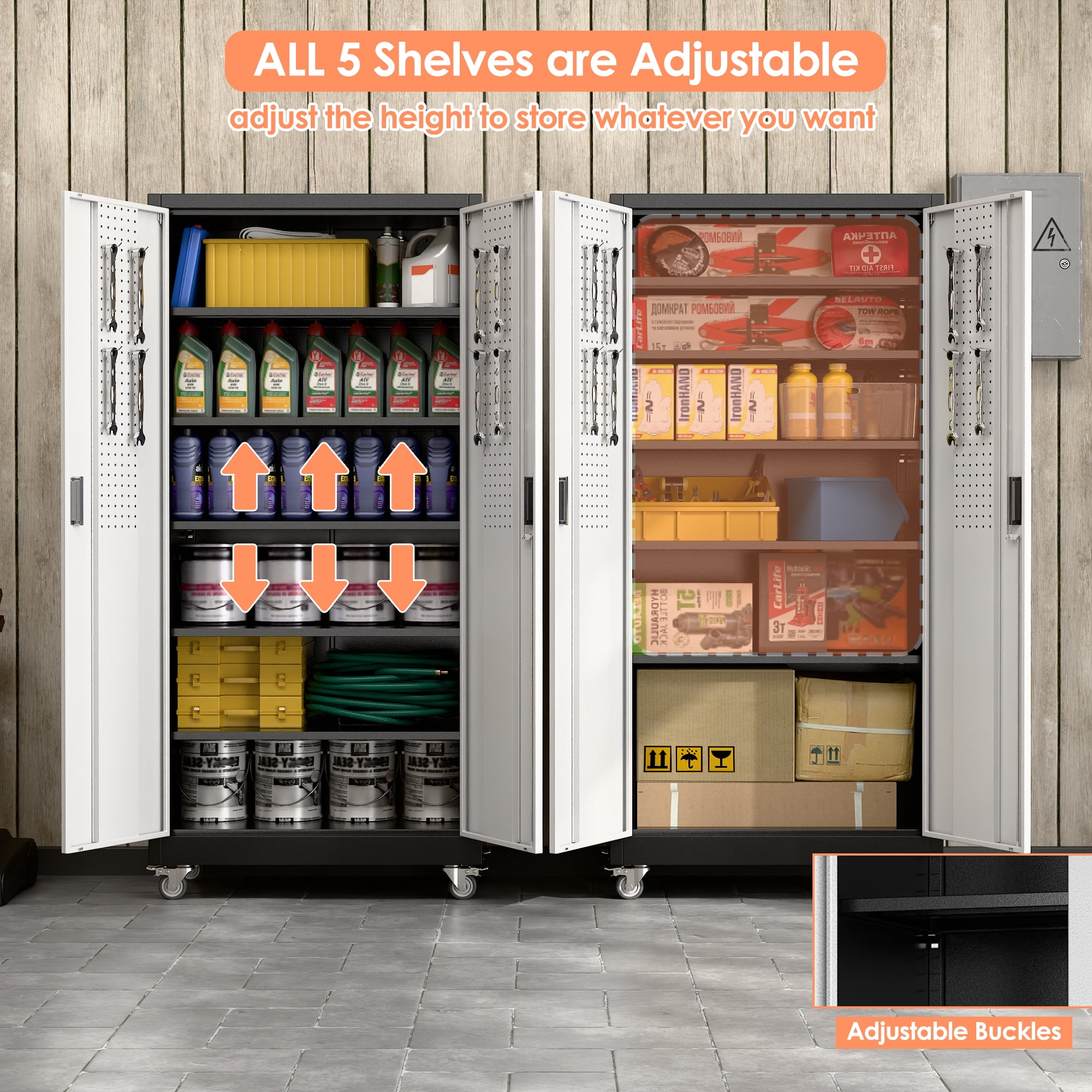 Aobabo Metal Garage Storage Cabinet with Wheels, Rolling Tool Storage Cabinet with 5 Adjustable Shelves and Pegboard for Home Office Utility Room,Required Assembly,Black Silvery 71" H×32" W×16" D
