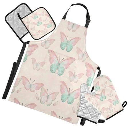

5-Piece Kitchen Apron Set with Heat-Resistant Gloves & Insulation Mats for Cooking Baking BBQ Pink Butterfly