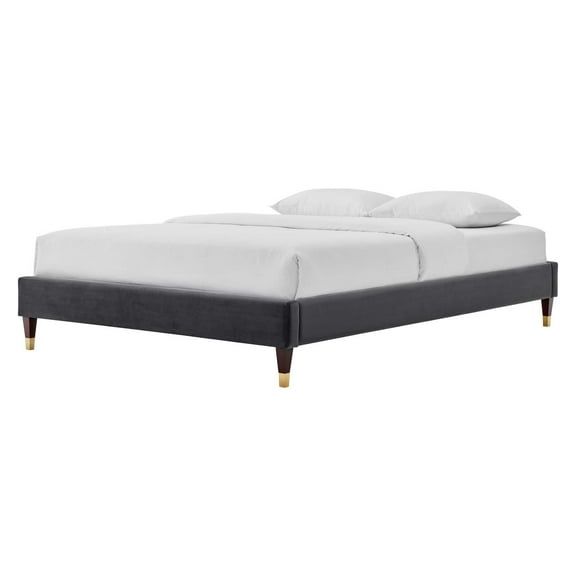Platform Bed Frame, Queen Size, Velvet, Dark Grey Gray, Modern Contemporary Urban Design, Bedroom Master Guest Suite