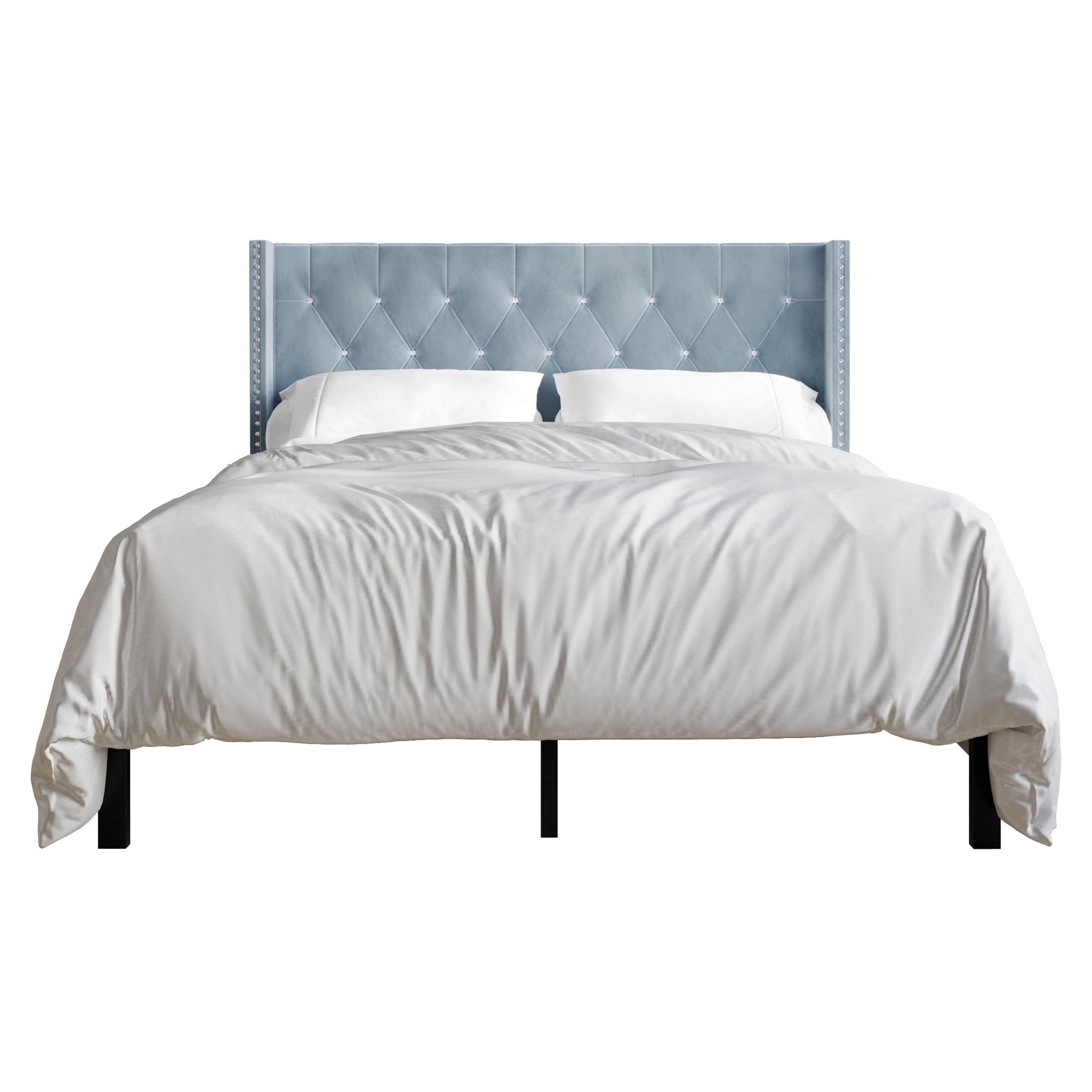 Castle Place Button Tufted Wingback Velvet Upholstered Bed, Light Blue, Full