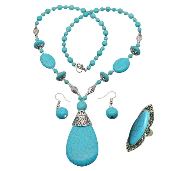 YIEMEEN Set of 3 Turquoise Bracelet Jewelry Set Vintage Necklace Bracelet Earrings Ring