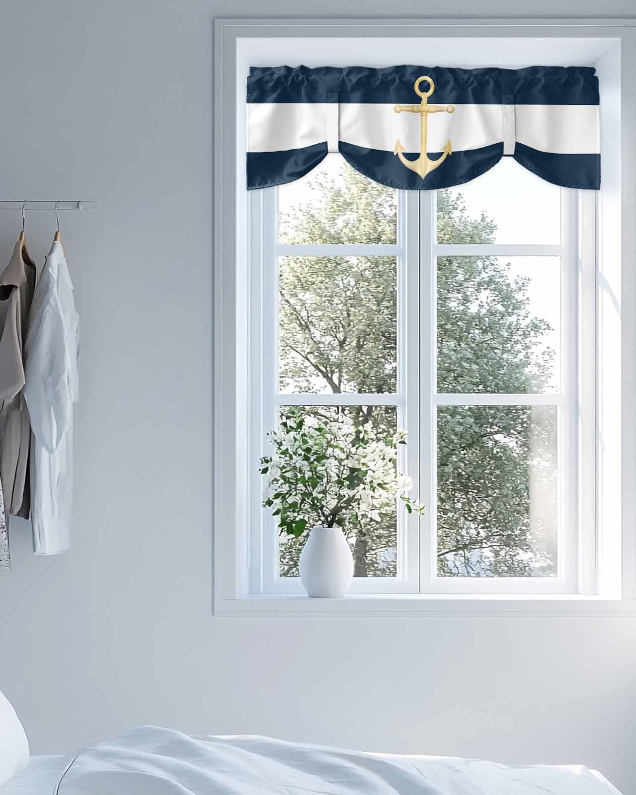 Navy Blue Tie Up Valances Curtain, Stripe Gold Anchor Pattern Kitchen Valances for Windows Decor, Rod Pocket Short Curtains Set for Bedroom/Bathroom, 54"x18"