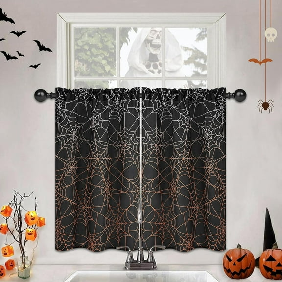Halloween Ombre Kitchen Curtains 36 Inch Spider Web Tier Curtains White Orange Gradient Rod Pocket Thermal Insulated Small Window Curtain for Halloween Party Decor