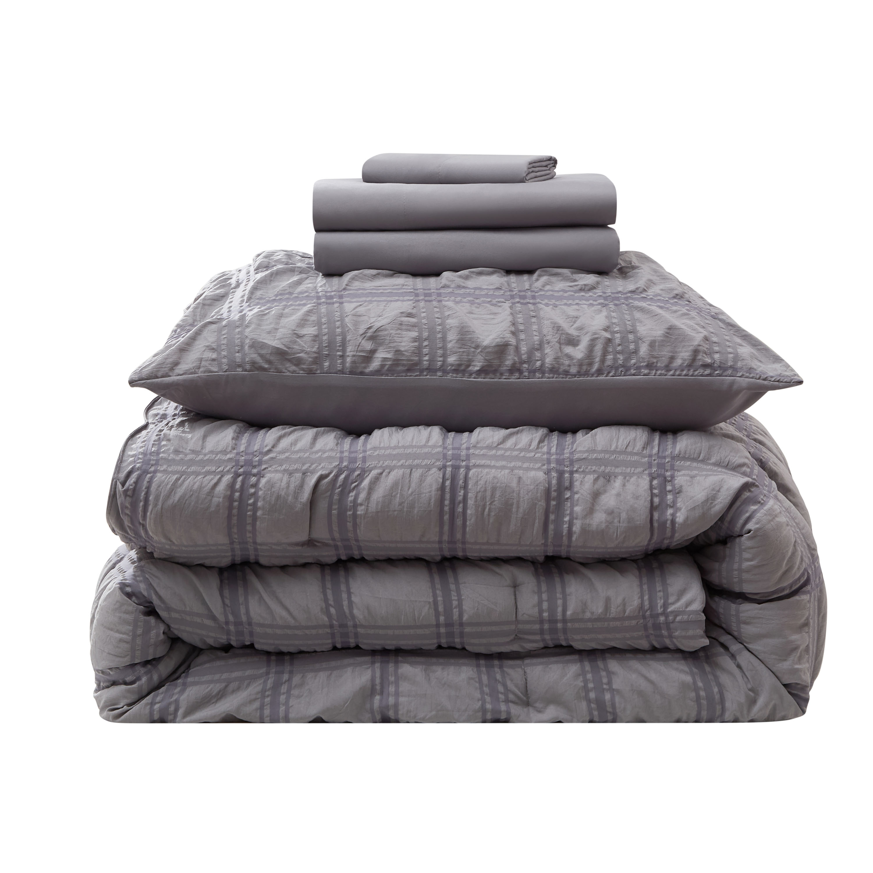 LammaLoe Twin Comforter Sets, 7 Piece Seersucker Bed in a Bag, Bedding Comforter Set with Sheets, Modern Bed Set, Gray