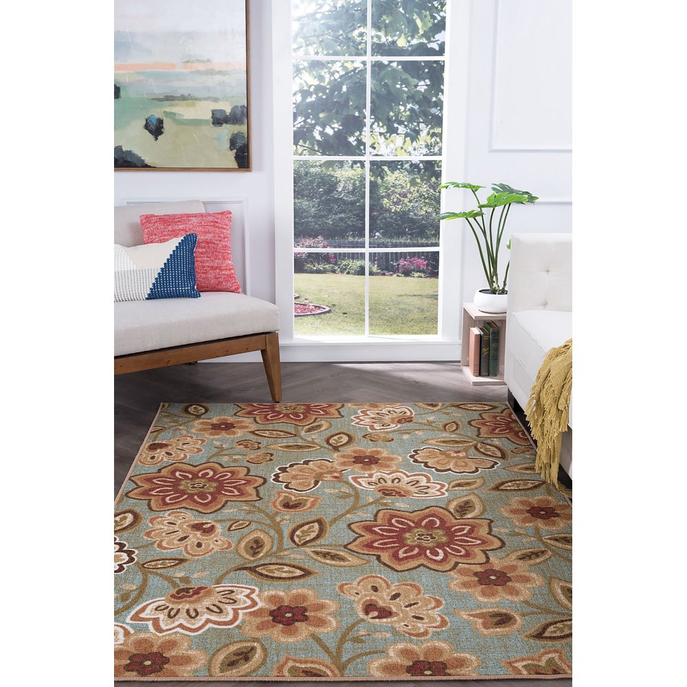 Transitional 7x10 Area Rug (6'7'' x 9'6'') Floral Seafoam, Beige Living