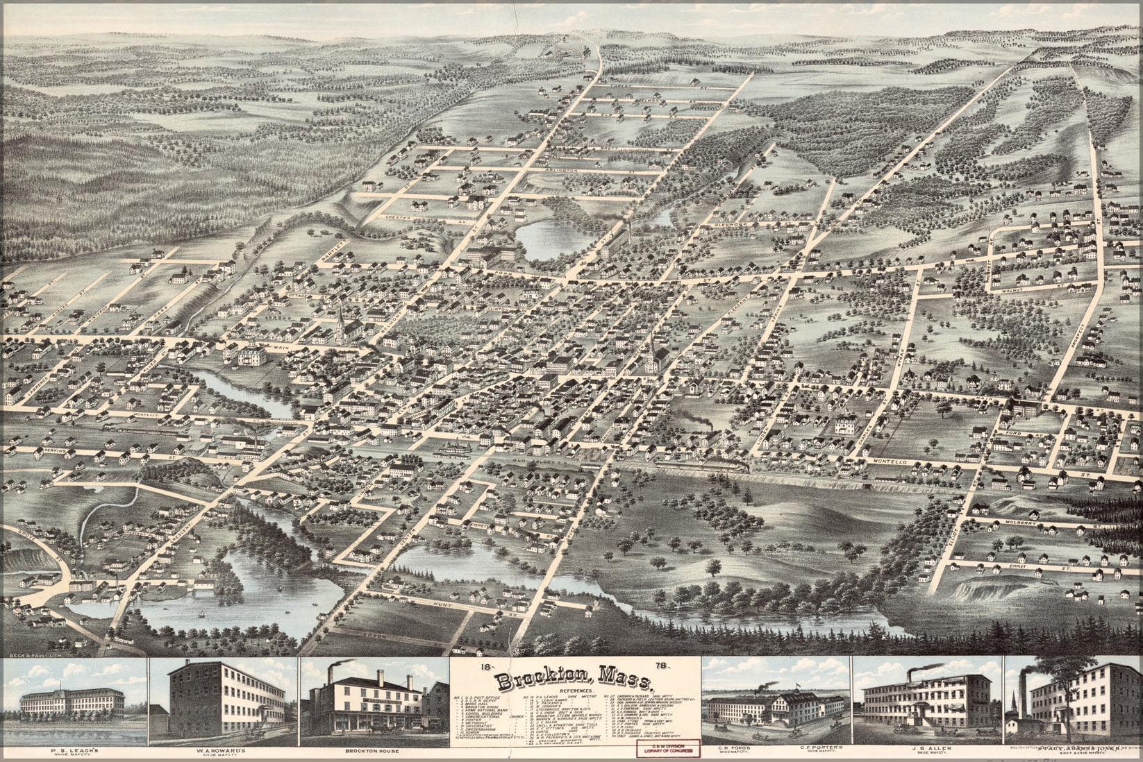 24"x36" Gallery Poster, map of Brockton, Massachusetts 1878