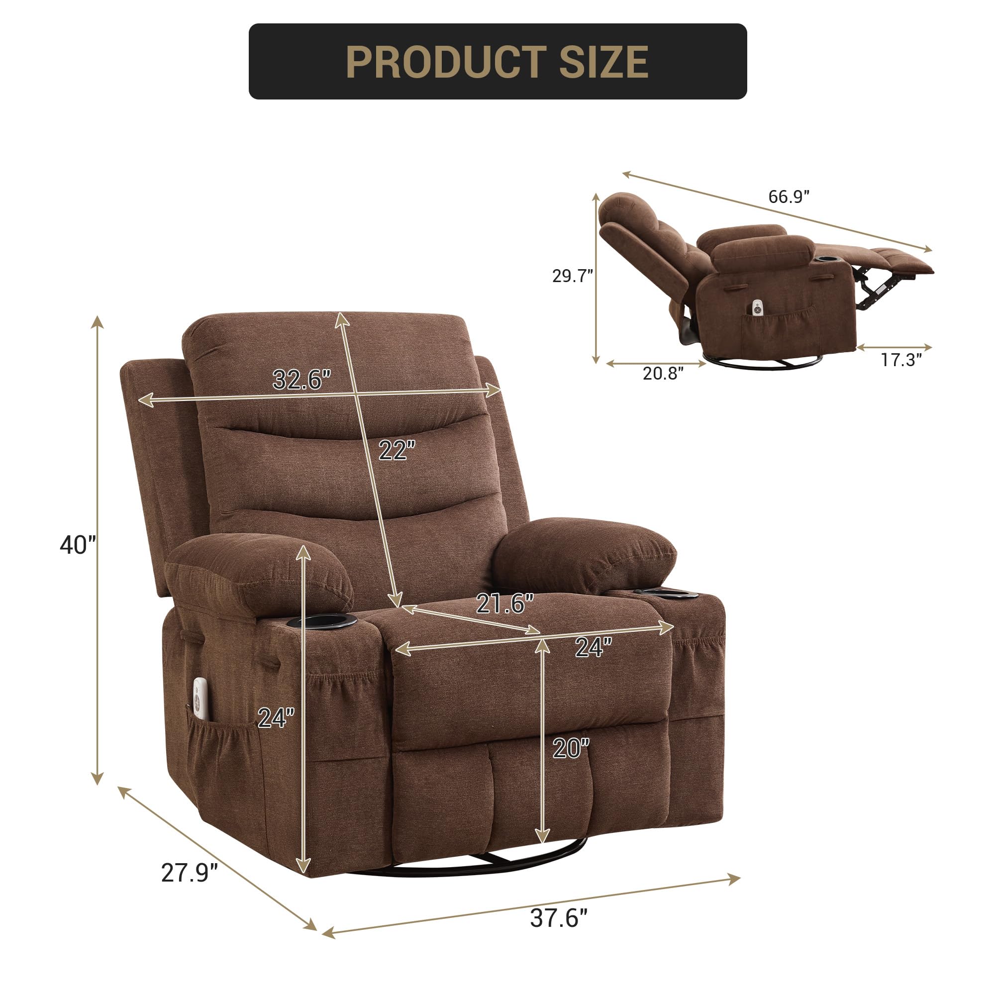 Recliner Chair Nursery, Oversized Manual Reclining Rocking Chair, 360 Swivel Glider with Cup Holder, Massage and Heat Recliner, Indoor Small Single Sofa Chairs for Adults RV Bedroom, Beige/Grey/Brown