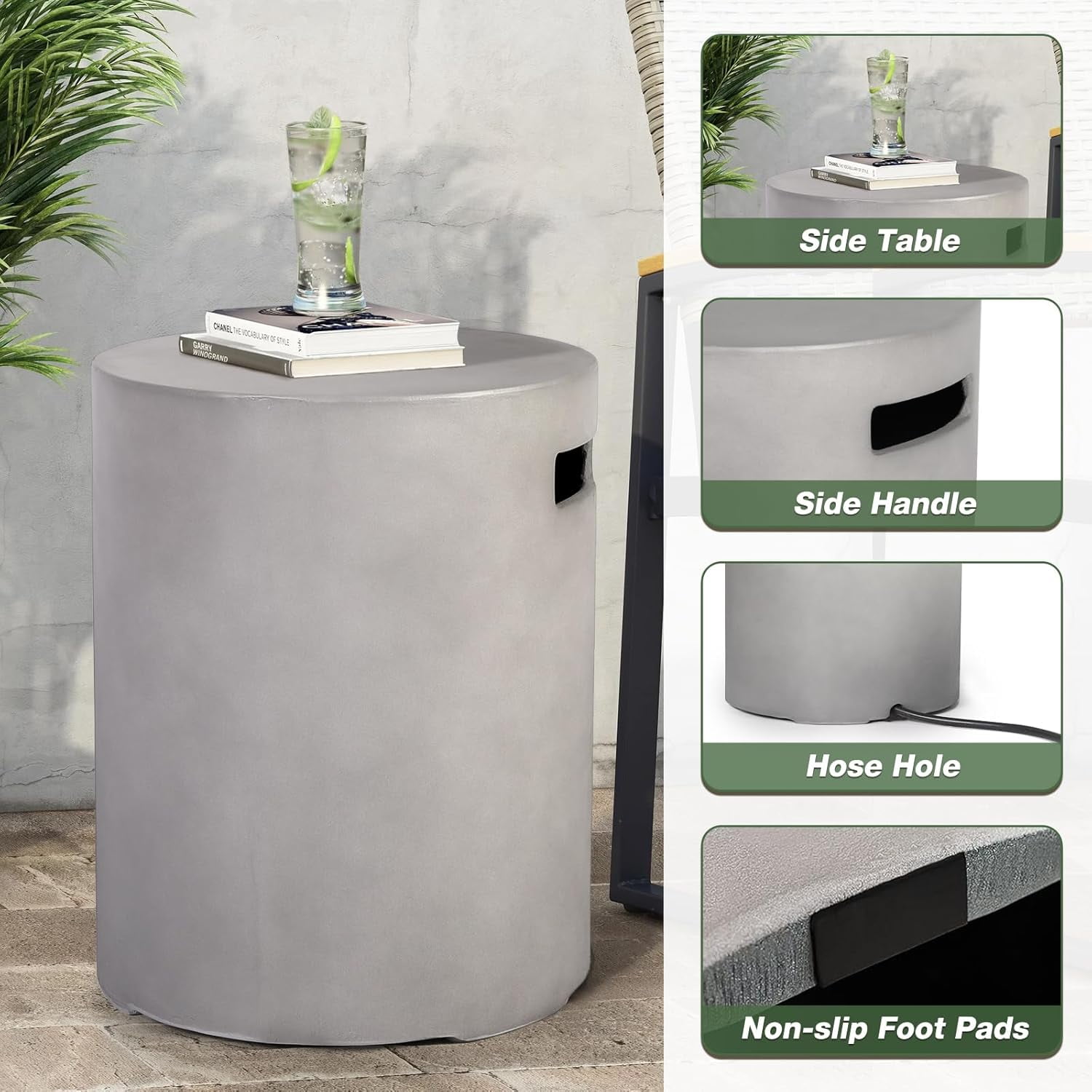 Propane Tank Cover Table 16"x16"x20"H Round Propane Tank Storage Hideaway Box for Gas Fire Pits, Gary Concrete Gas Tank Holder Outdoor Side Table for 20 Pound Gas Tank