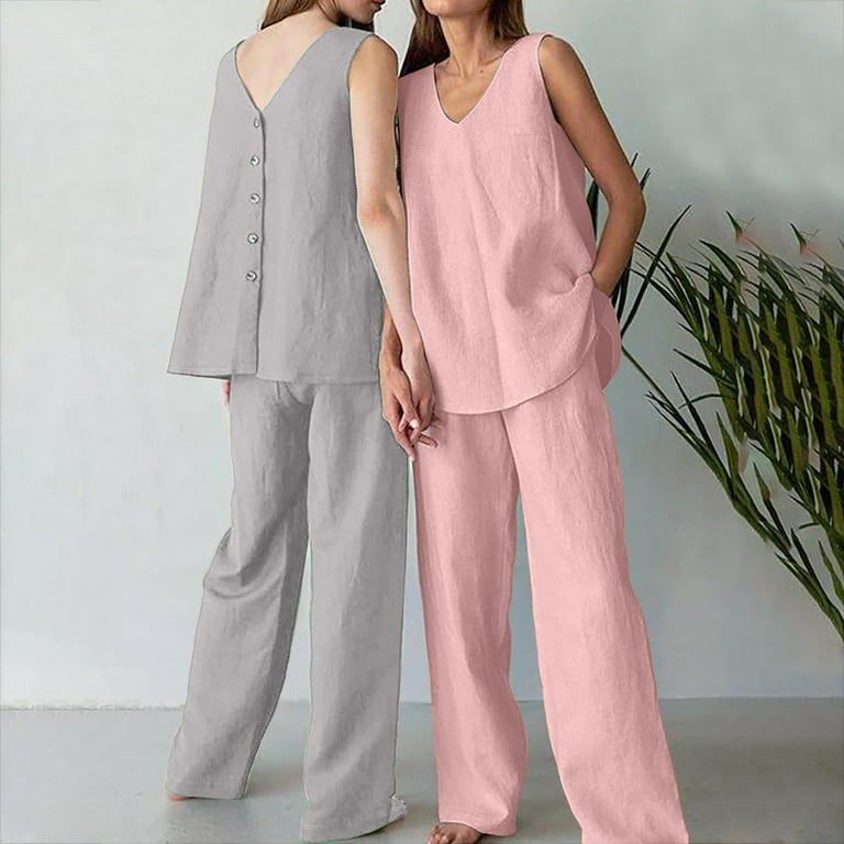 JNGSA 2 Piece Outfits for Women Cotton Linen Solid Color Tank Top
