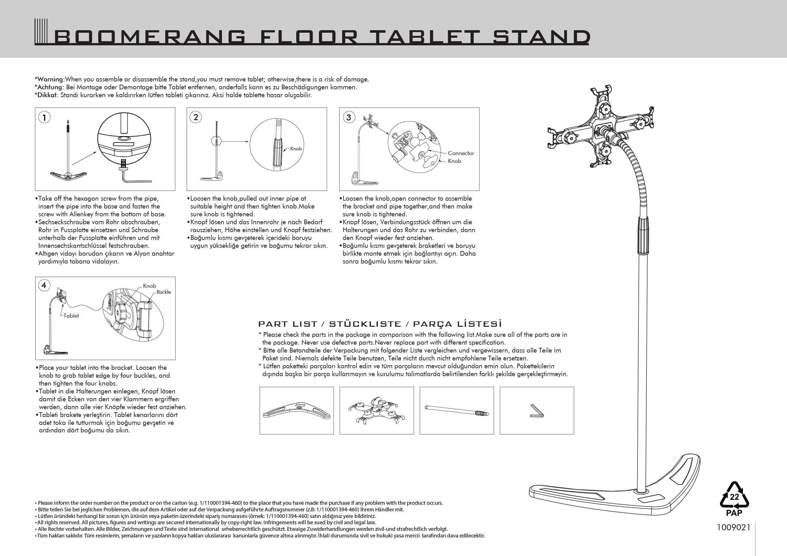 M&T Displays Floor Standing Silver Tablet E-Reader Drawing Pad Stand Flexible Head Adjustable Height Mobile Device Holder