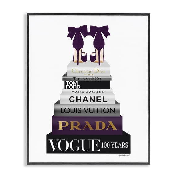 Stupell Industries Modern Fashion Designer Shoes Bookstack Purple Gold Watercolor Black Framed Giclee Art, 11 x 14, by Amanda Greenwood
