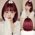 thumbnail image 2 of Pelucas cortas de Bob rojo vino con flequillo, pelucas sintéticas de Cosplay naturales para mujeres, cabello falso femenino resistente al calor, uso diario Afro, 2 of 4