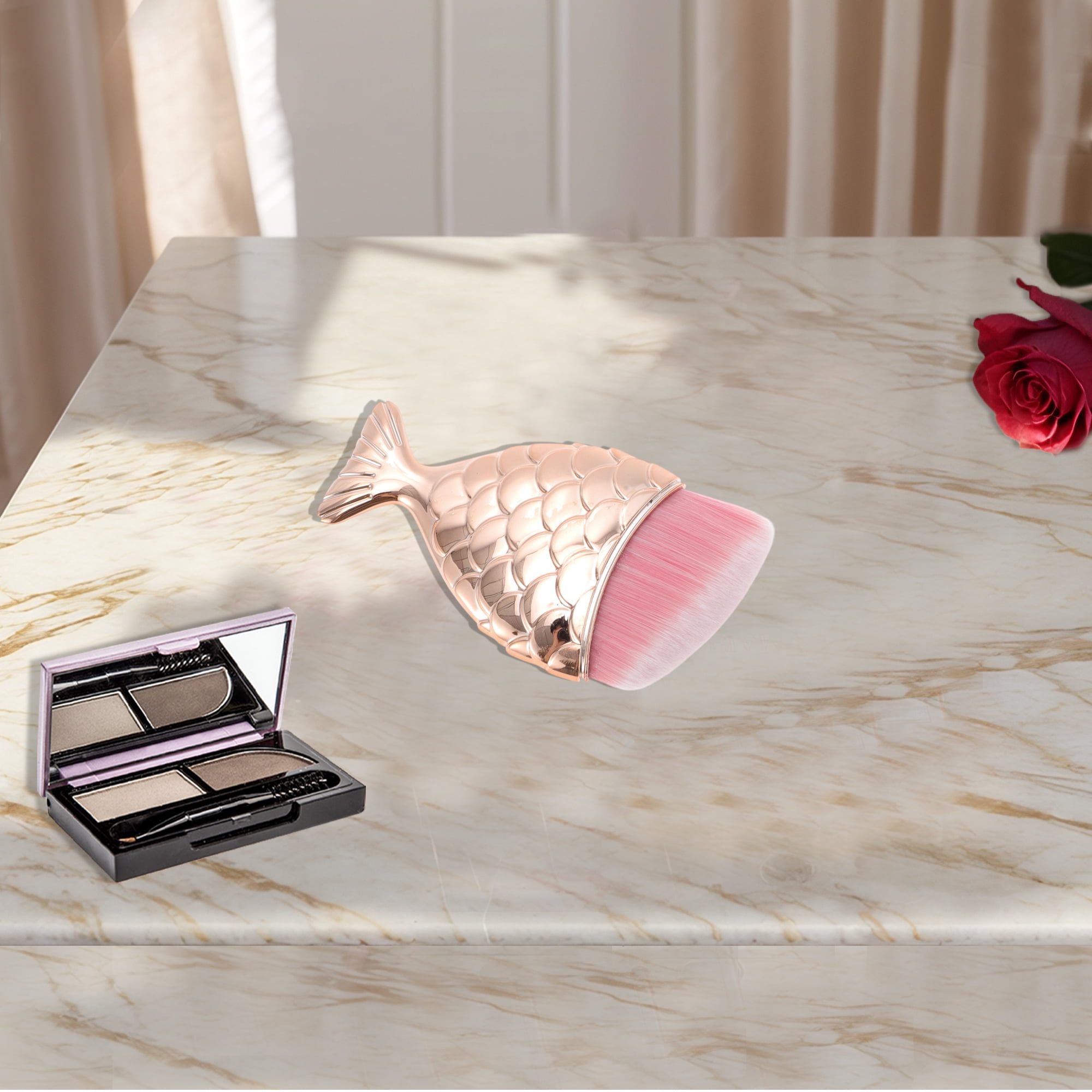 Unique Bargains 1 Pc Angled Mermaids Shape Foundation Brush for Travel Rose Gold Tone Pink