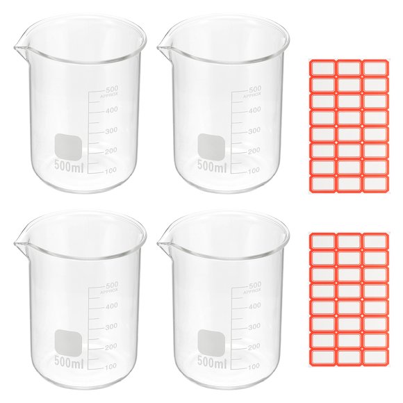 500ml Glass Beaker, 4 Pack Measuring Glass Beaker Graduated Borosilicate Lab Cups Mug Low Form Heat Safe Transparent with Spout Label for Laboratory Science Kitchen Liquids
