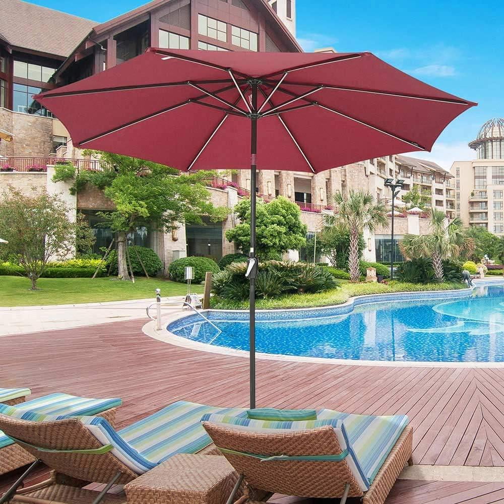 10ft Solar LED Outdoor Market Tilt Patio Umbrella, Red