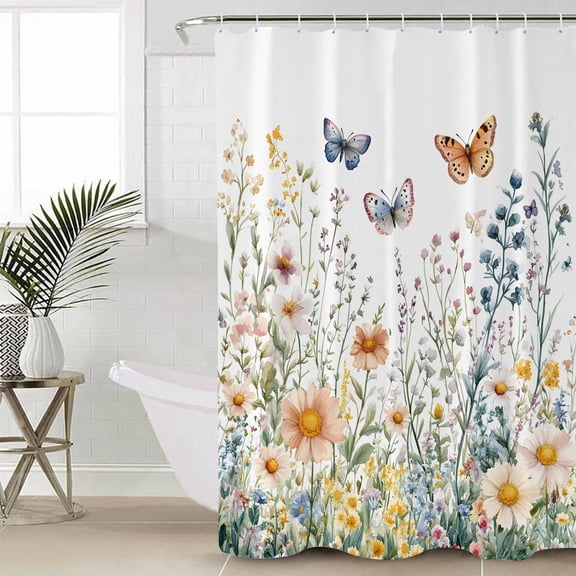 Spring Floral Small Stall Shower Curtain, Waterproof Shower Curtains for Bathroom, Butterfly Summer Botanical Watercolor Flowers Washable Fabric Cloth Bath Curtain for Bathtub with Hooks 36x72 Inches