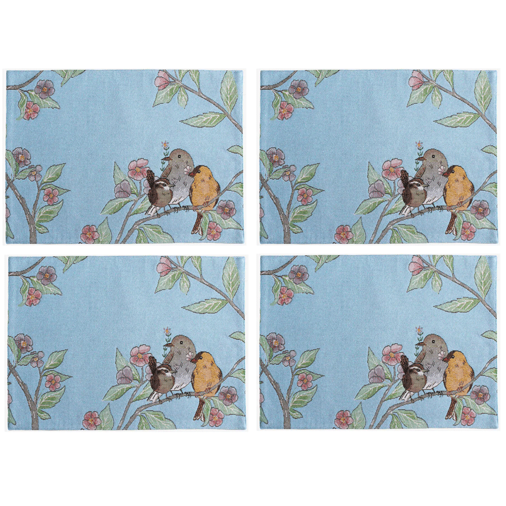 Celebrate Spring Together Birds and Flowers on Blue Background