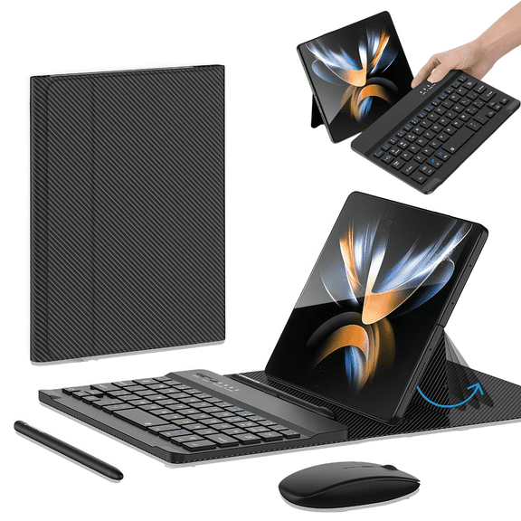 Golikin 2026 New Shockproof Case For Samsung Galaxy Z Fold 7 6 5 4 With Keyboard and Mouse, Portable Bluetooth Keyboard with Leather Case and Capacitive Pen(Carbon Fiber)
