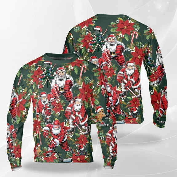 Hockey Santa Christmas Sweatshirt, Funny Sports Santa Crewneck, Holiday Poinsettia and Candy Cane Winter Pullover for Men Women