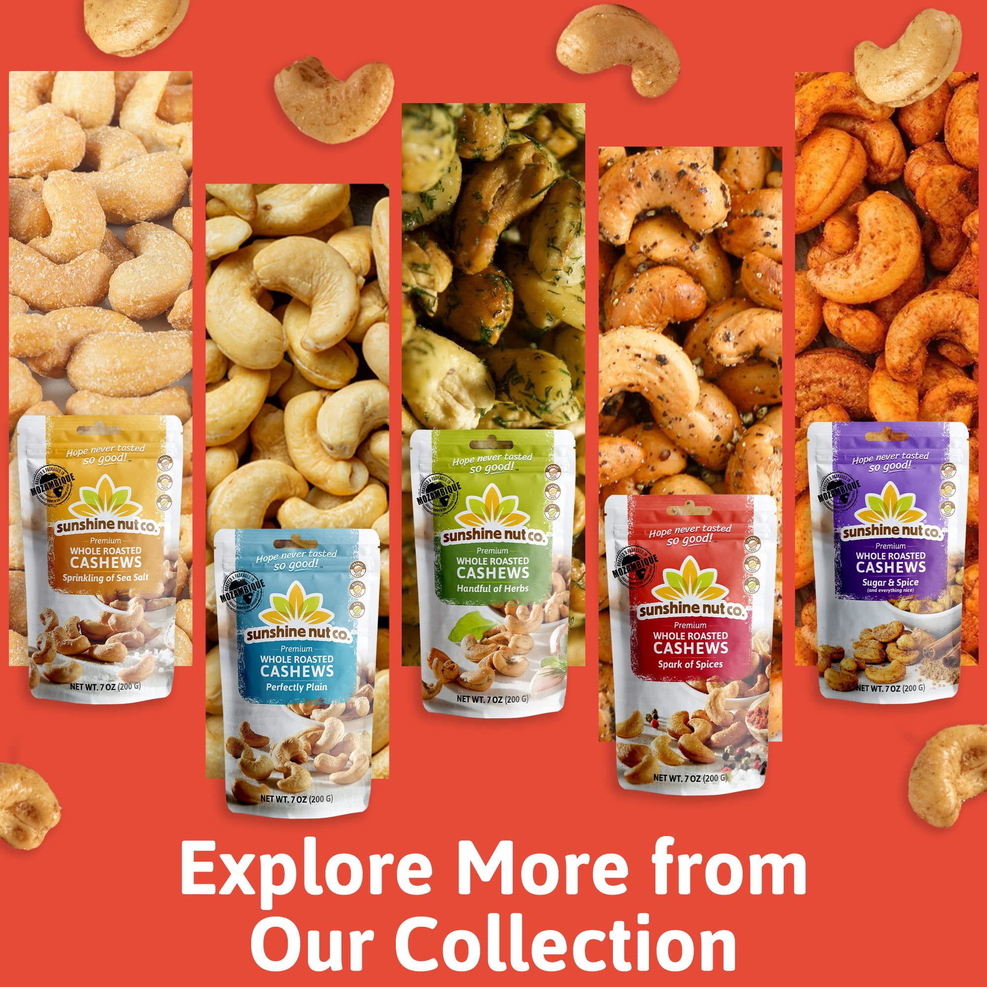 Whole Roasted Lightly Salted Cashews by Sunshine Nut Co., Gluten Free, Peanut Free and Vegan Individual Snack Packs for Kids and Adults, Spark of Spices Flavor, GMO Free, 6 Pack, 7 oz. Each