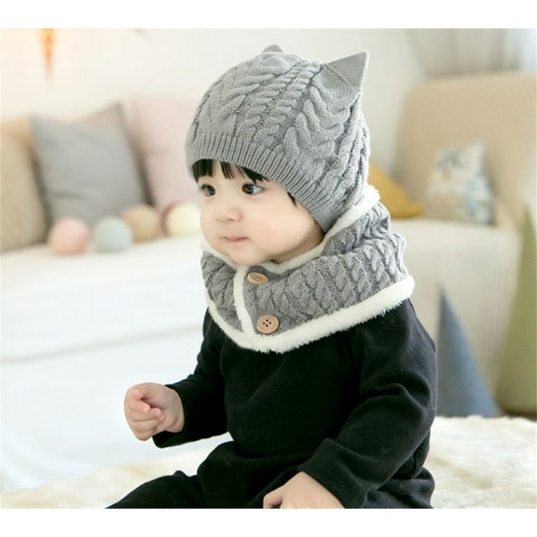 Wiueurtly Toddler Hat with Chin Strap Baby Boy Girl Winter Hat Toddler Cat Beaniess Hat With Scarf Lined Knitted Cap Neckwarmer For Kids 2 Pieces