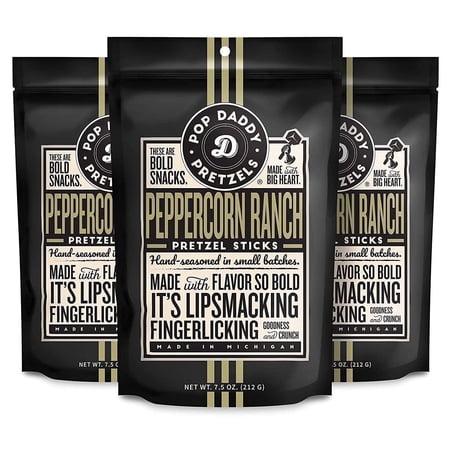 Pop Daddy Flavored Pretzels Sticks, Gourmet Pretzels Snacks, 7.5oz Individual Bags, 3 Pack, Peppercorn Ranch