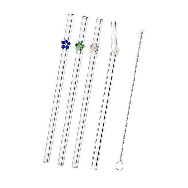 Pajitas de vidrio con decoración en forma de flor Pajitas de vidrio dobladas transparentes para té