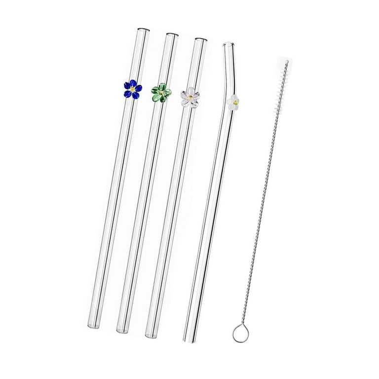 Flower Glass Straw with Brush Colored Creative Flower Straw Glass Reusable  Drinking Straws Bent Curved Straw Tea Coffee Juice