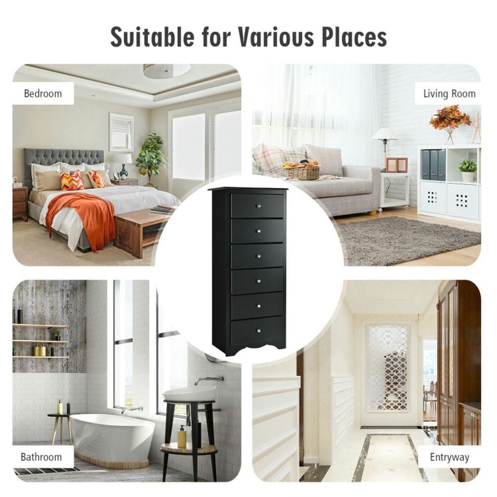 Finihen Storage Cabinet, Bathroom Floor Cabinet, 6 Drawers Chest Dresser Clothes Storage Bedroom Furniture Cabinet, for Bathroom, Living Room, Bedroom, Black
