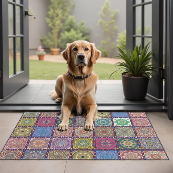 Bohemian Retro Floral Non-Slip Entryway Door Mat,Boho Indoor Decor Durable Low Plush Door Mat,Washable Welcome Rug for Patio Hallway Home Decor 20x32 Inches