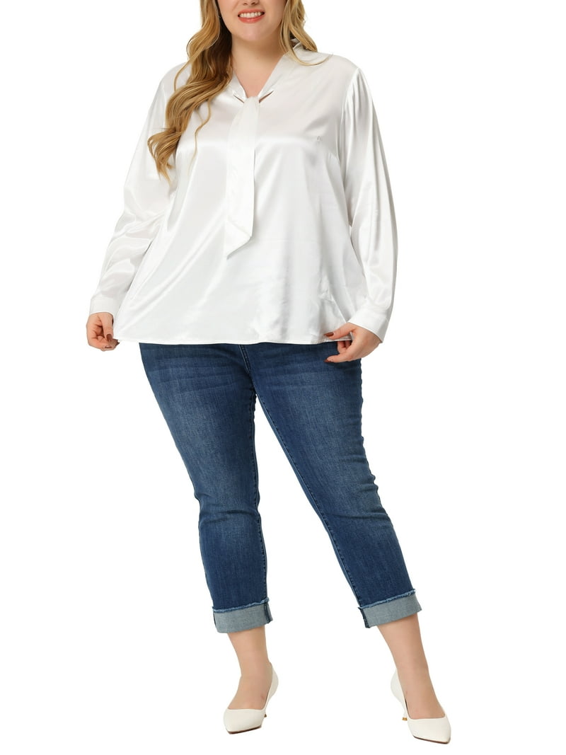 Agnes Orinda Women's Plus Size Satin Silk Blouse, Long Sleeve Tie Neck,  Work Office Shirt - Walmart.com, image size:800x1067