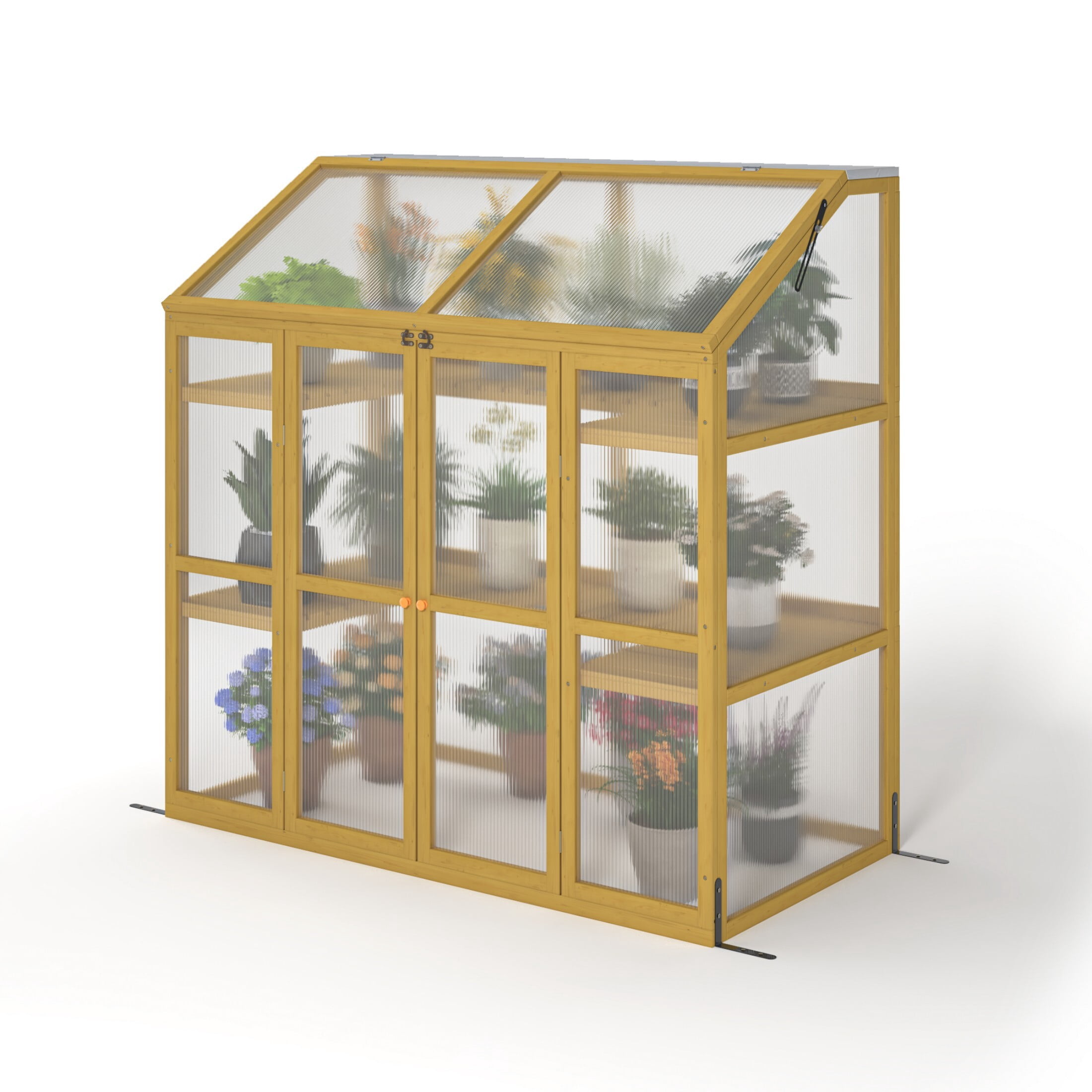 DEALTOPS Cold Frame Greenhouse for Plants, Wooden Greenhouse Cabinet Garden Shed with Polycarbonate Sheet and Foldable Top, Natural