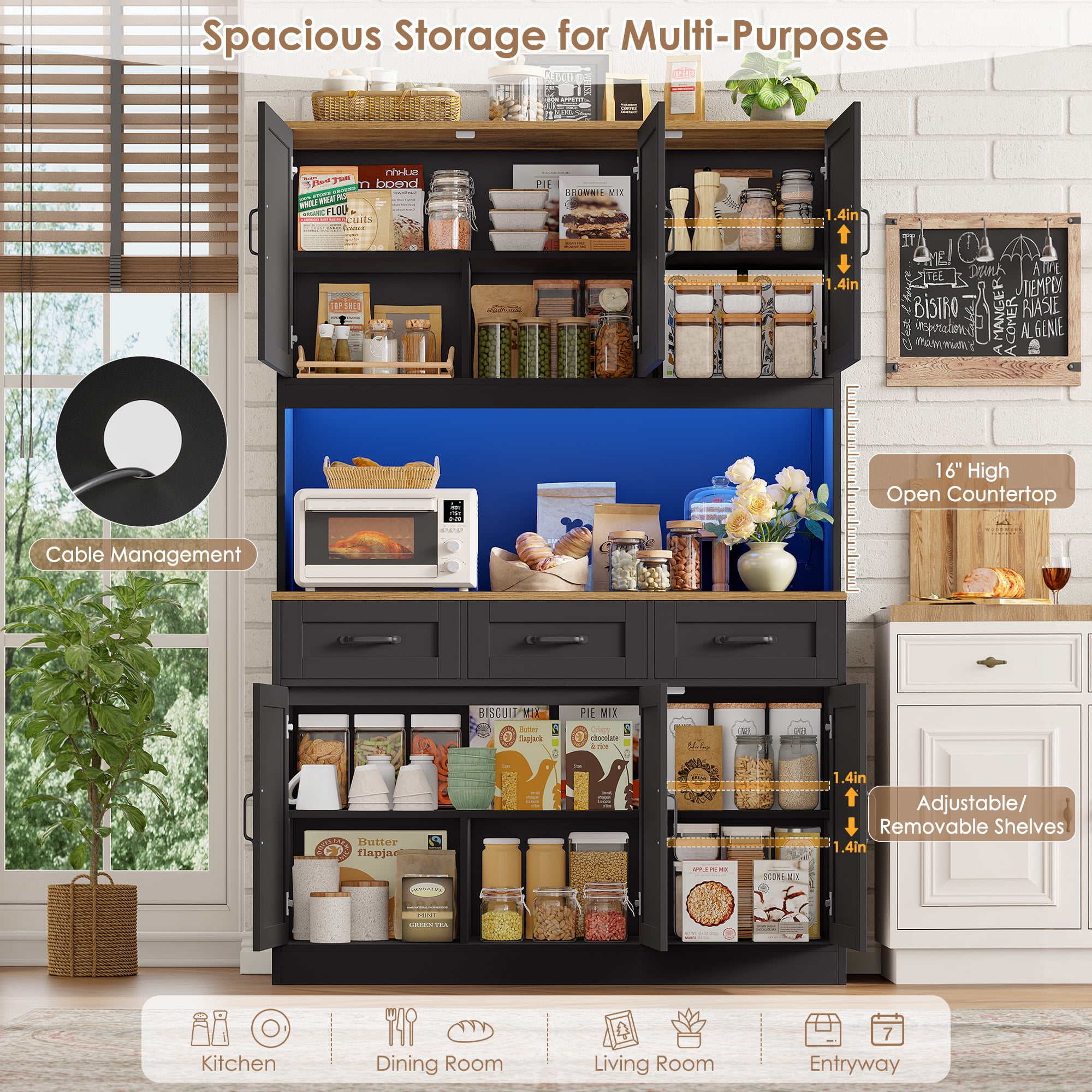 Hiphuta 72" Tall Kitchen Pantry Storgae Cabinet with RGB LED, Hutch Cabinet with Charging Station and Adjustable Shelves for Dining Room, Black & Oak