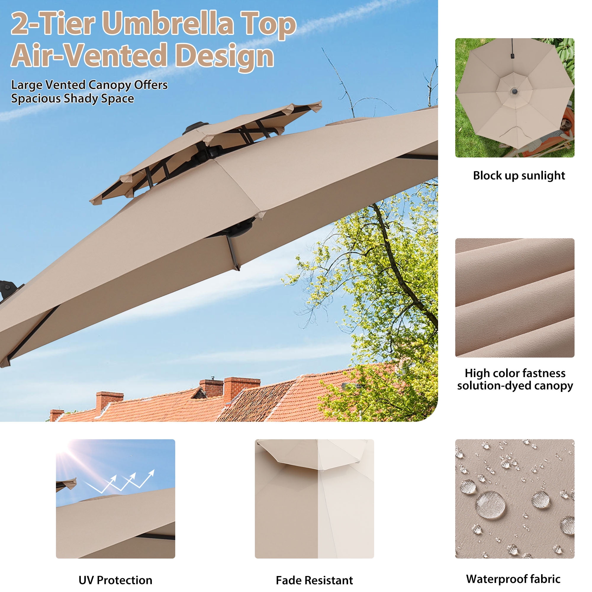 Autlaycil 10 FT Aluminum Offset Outdoor Cantilever Umbrella with 360-degree Rotation, 2-Tier Patio Umbrella - Khaki