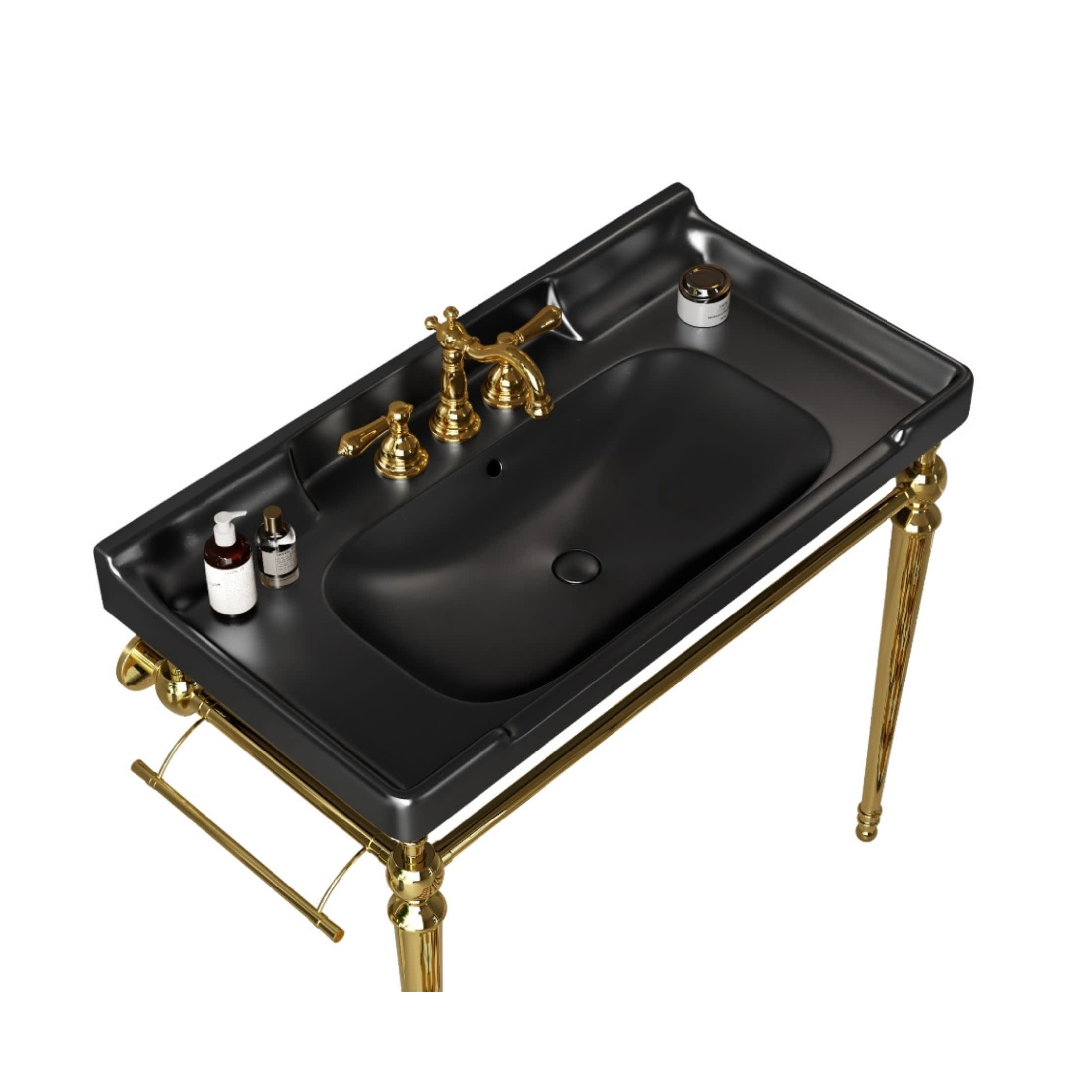 Noble House Vici 36" Bathroom Ceramic Basin Sink, 3 Faucet Holes with Wide Countertop Deck Toiletries Storage, Black