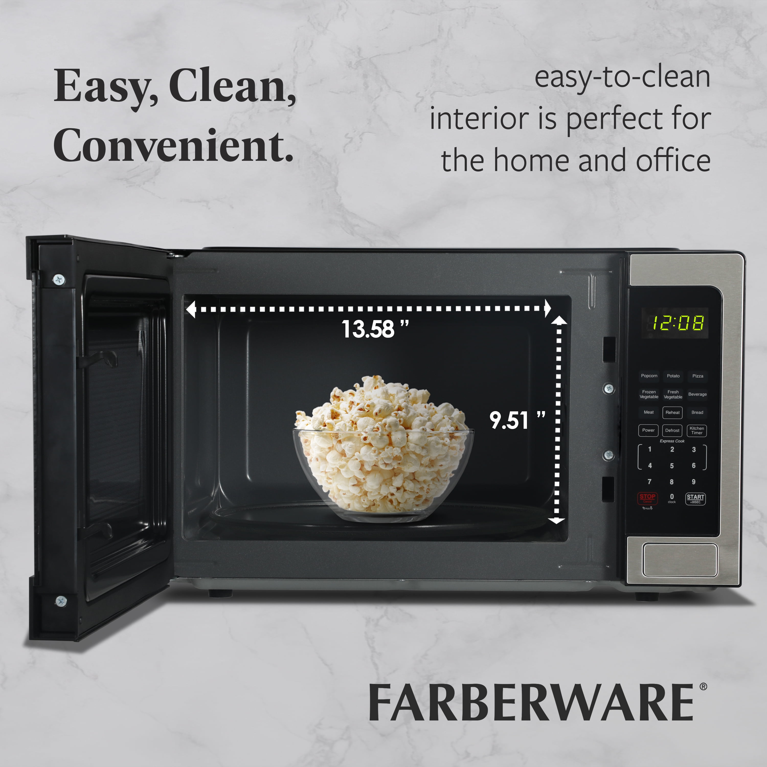 Farberware 1.1 Cu. Ft. Countertop Microwave Oven – 1000W Power, Auto Cook Settings, Defrost, and Safety Lock – Stainless Steel