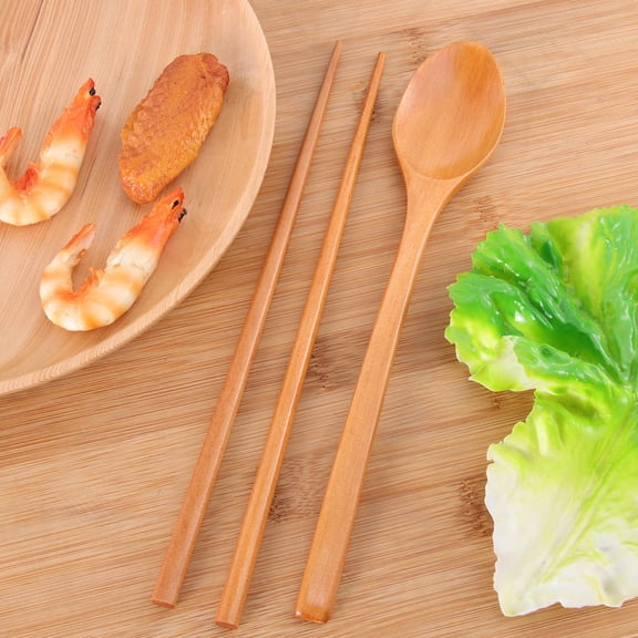 ULTNICE 1Set Handmade Wooden Chopstick and Spoon Set Khaki Color Light Tableware for Kitchen and Outdoors