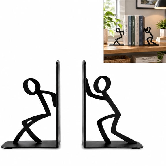 Decorative Metal Bookends, Cute Stick Figure Book Stopper, Iron Book Ends for Shelf & Desk, Creative Book Organizer for Home Office School Library Decor