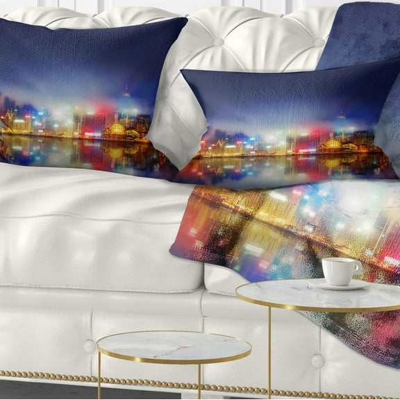 Designart Colorful Hong Kong Skyline - Cityscape Photography Throw Pillow - 12x20