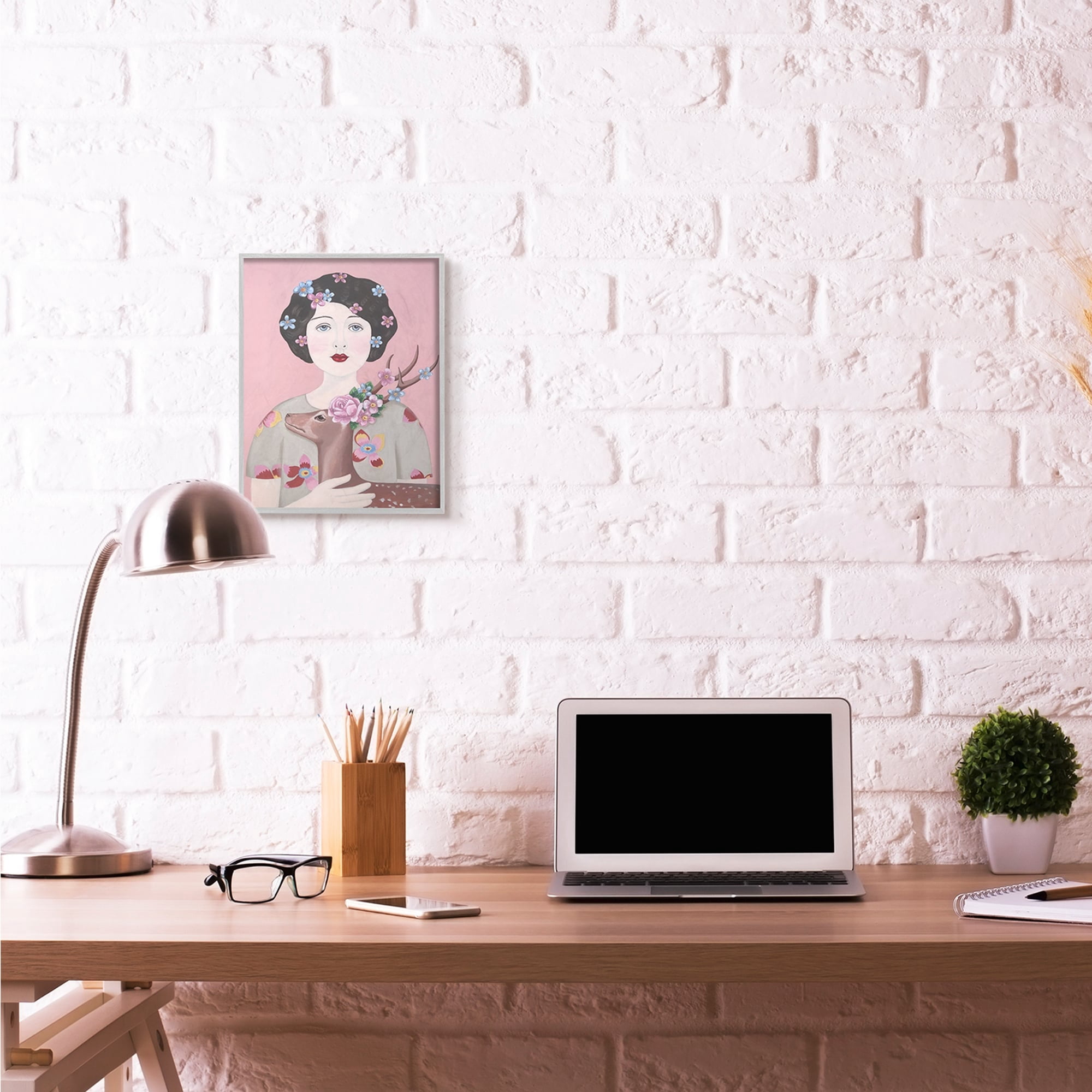 Stupell Industries Woman And Deer Pink Animal Painting Framed Wall Art by Sally B, 16" x 20", Gray Framed