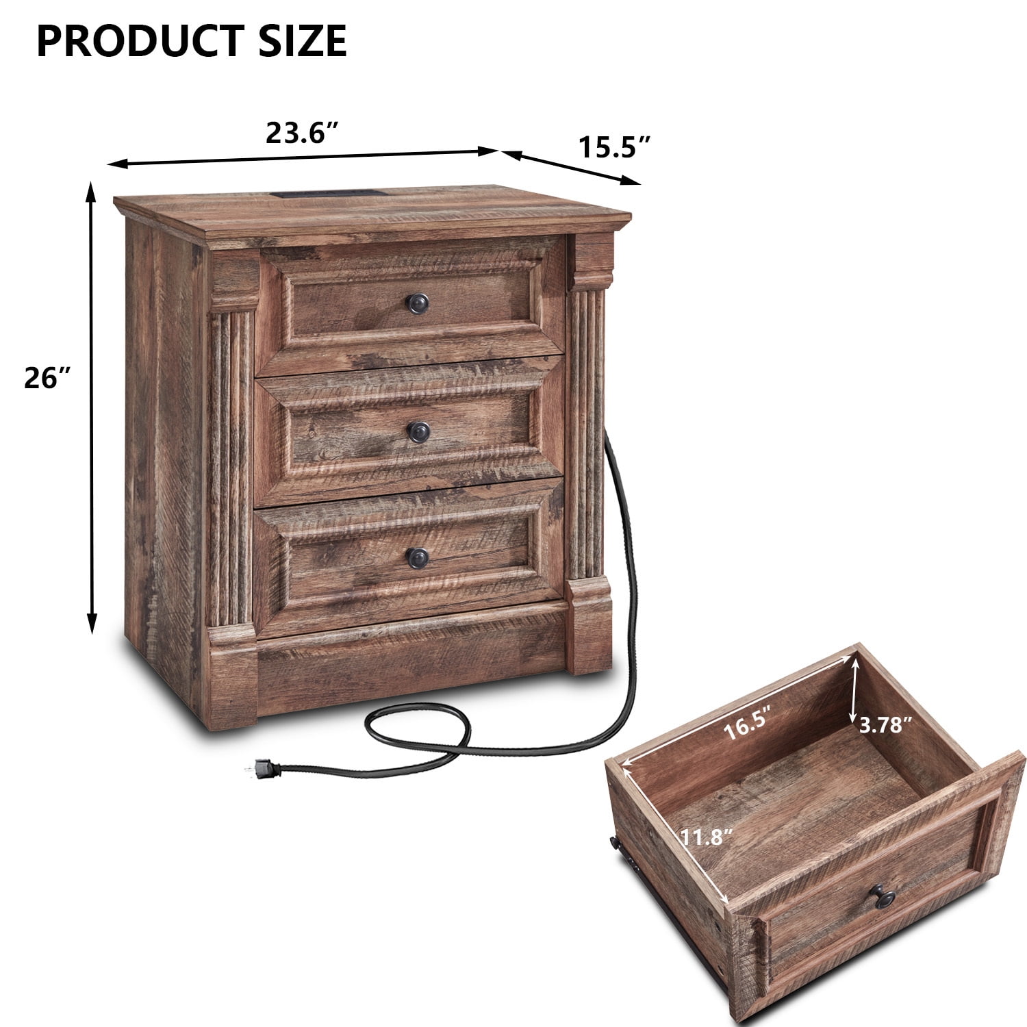 wow97e Farmhouse 3-Drawer Nightstand with Charging Station, Wood End Table with Roman Column for Bedroom, Light Brown
