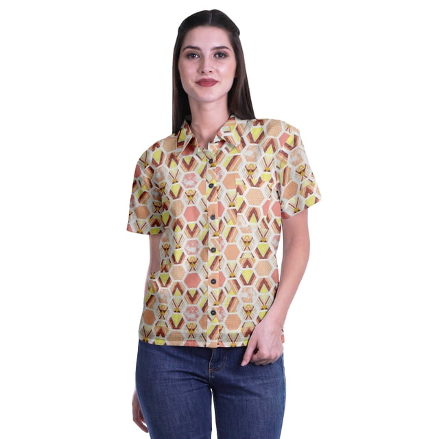 Moomaya T-shirt à Manches Courtes Imprimé pour Femme Col Boutonné Haut Décontracté