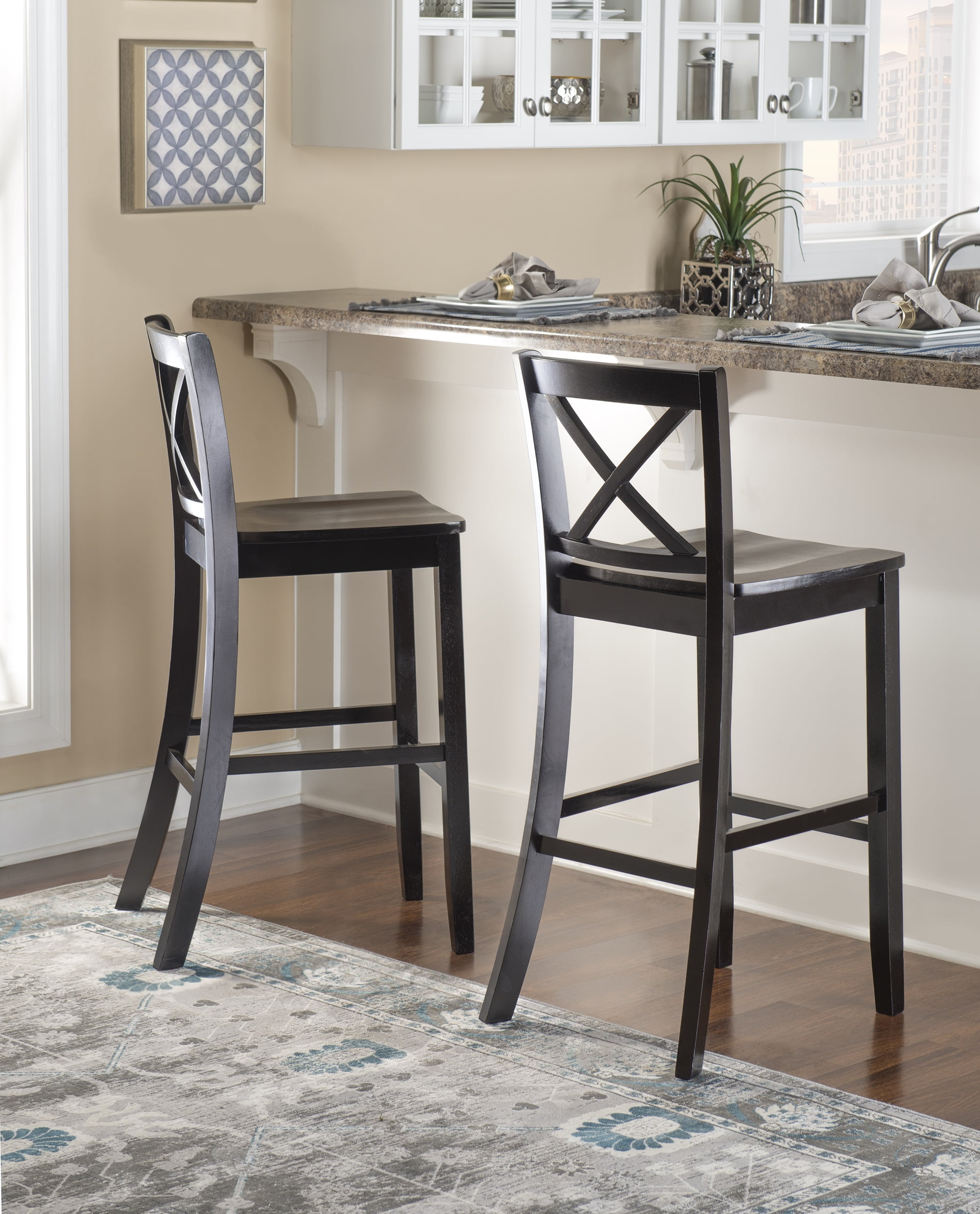 Linon Torino 30" Cross-Back Indoor Wood Bar Stool, Black