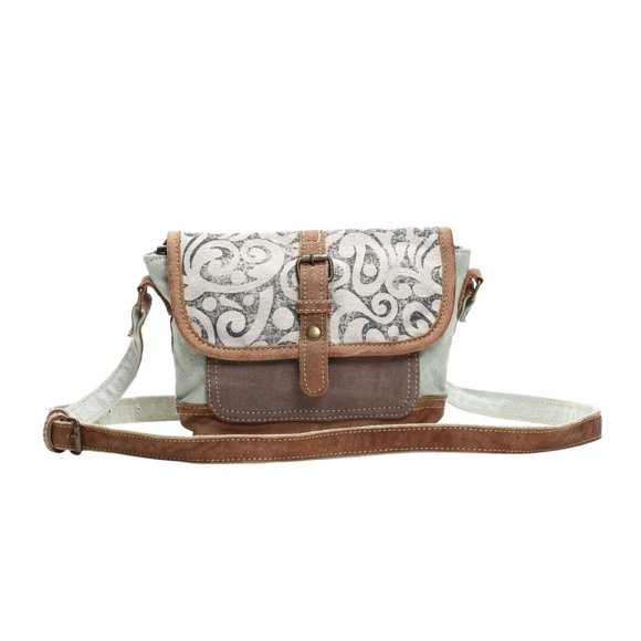 Myra Bag Leaf Swirls Upcycled canvas crossbody Bag S-1153, Brown, Size One Size