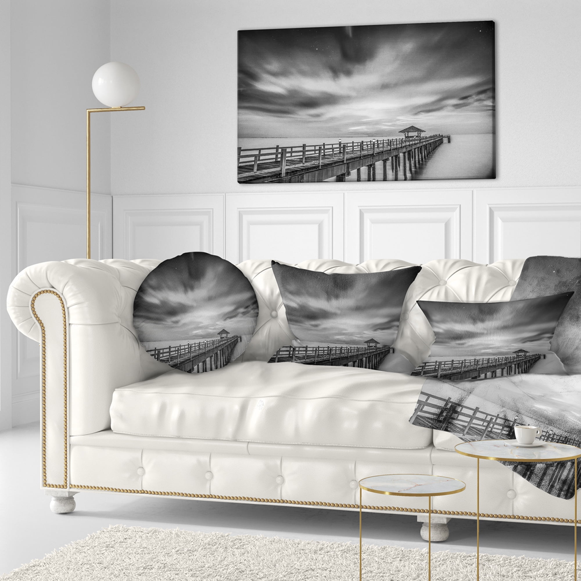 Designart Black and White Wooden Bridge and Sky - Pier Seascape Throw Pillow - 12x20
