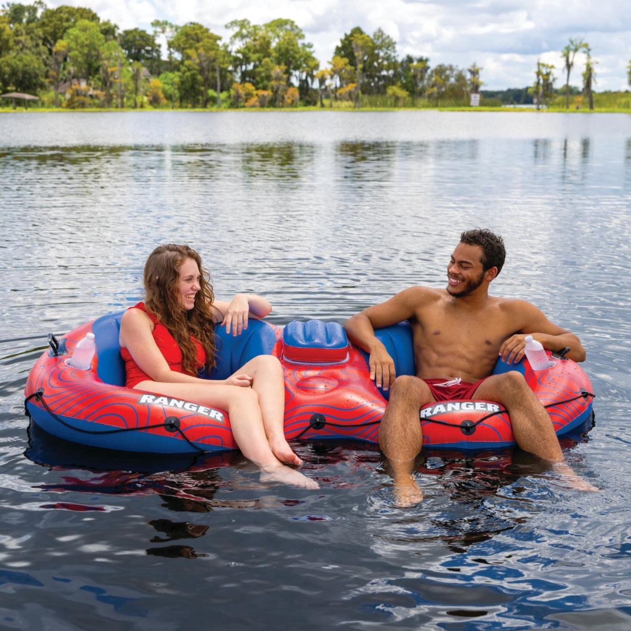 Spacious Two-Person Inflatable River Tube - Heavy Duty Lounge Raft For Adults With Cup Holders & Cooler